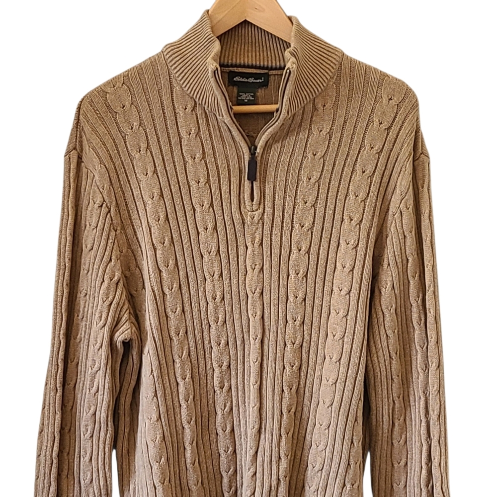 Eddie Bauer Tan Quarter Zip Sweater Cableknit Casual Outdoor Cabin Preppy